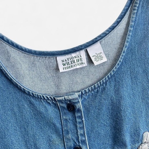 Vintage National Wildlife Federation Embroidered Blue Birds Denim Jumper Dress - Picture 4 of 7